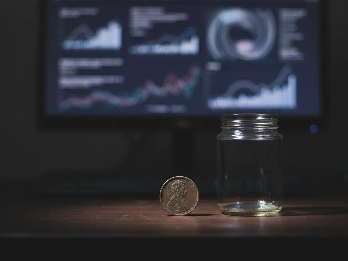 A lone copper coin beside an empty glass jar on a dark desk, with blurred computer charts glowing in the background.