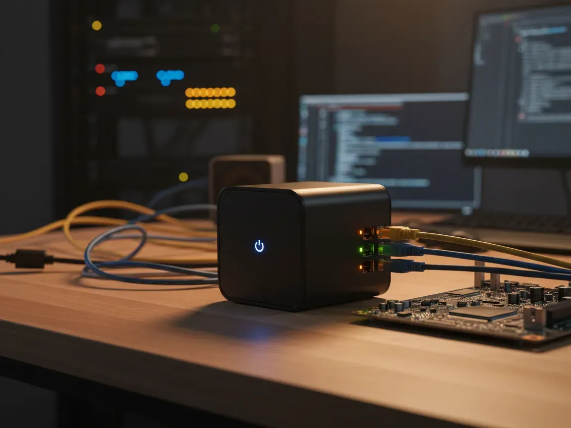 Compact mini PC and circuit board on a wooden workbench with Ethernet cables and glowing status LEDs in moody lighting.