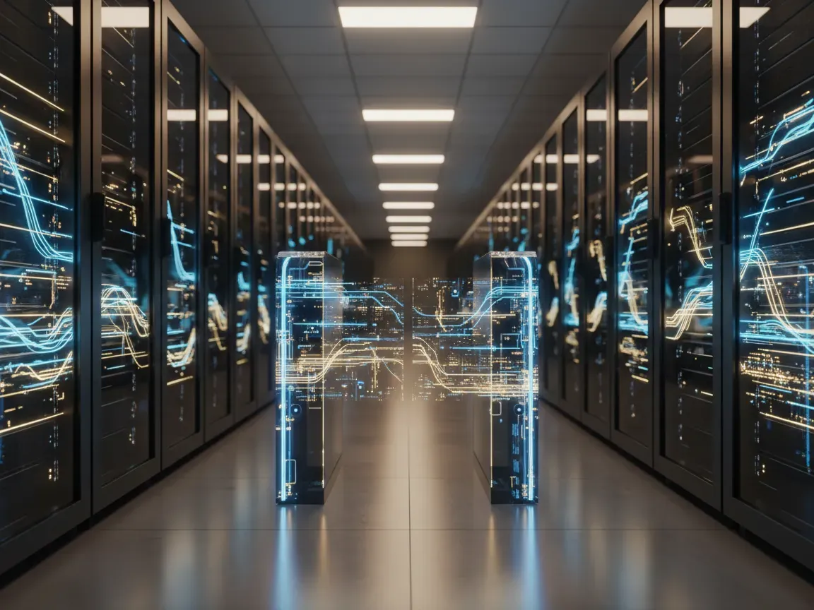 Futuristic server corridor with glowing digital toll barrier and fiber-optic data streams in blue and gold light.
