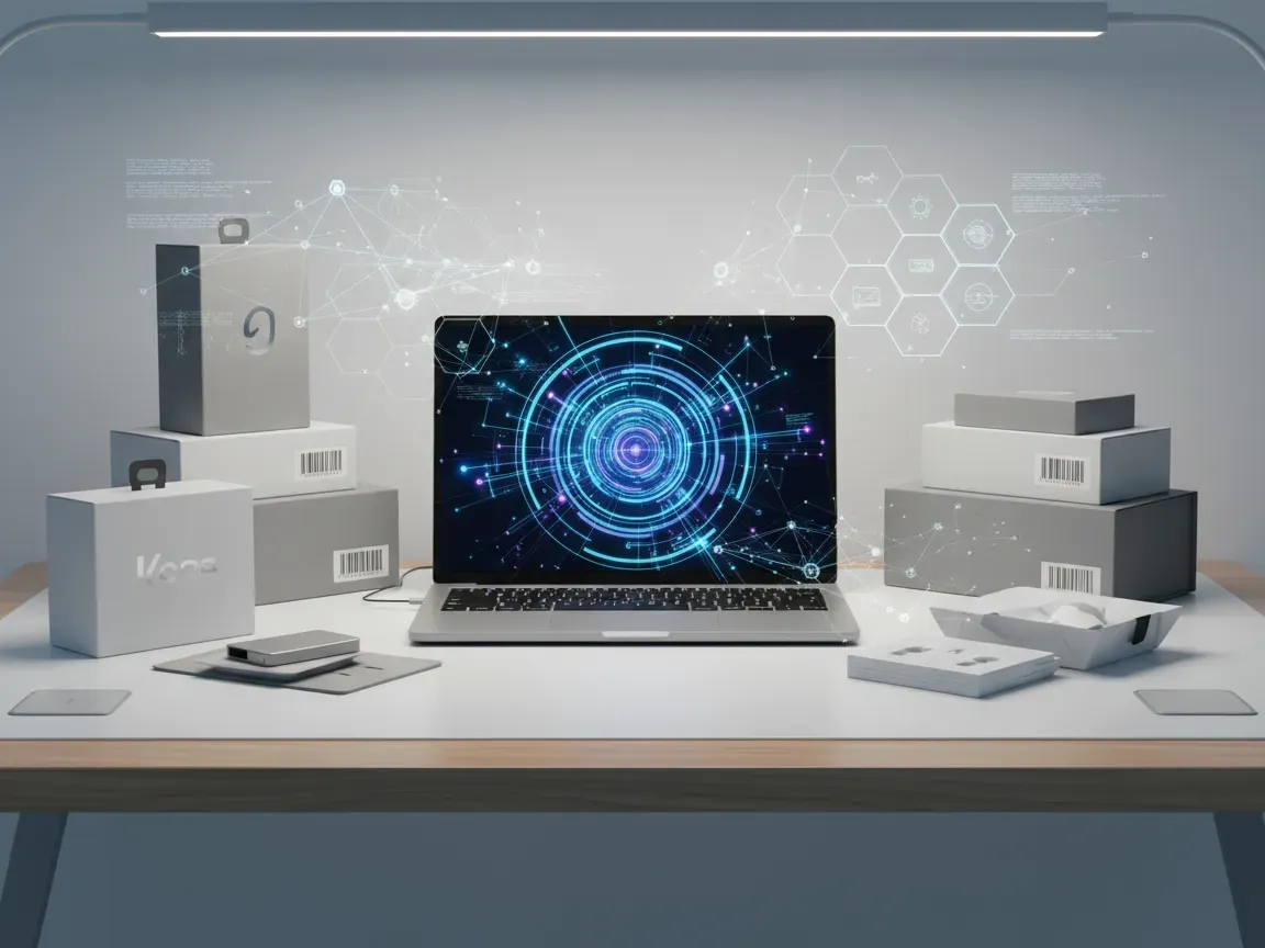 Modern desk with open laptop showing glowing digital data nodes, retail packages, barcodes, and network overlay.