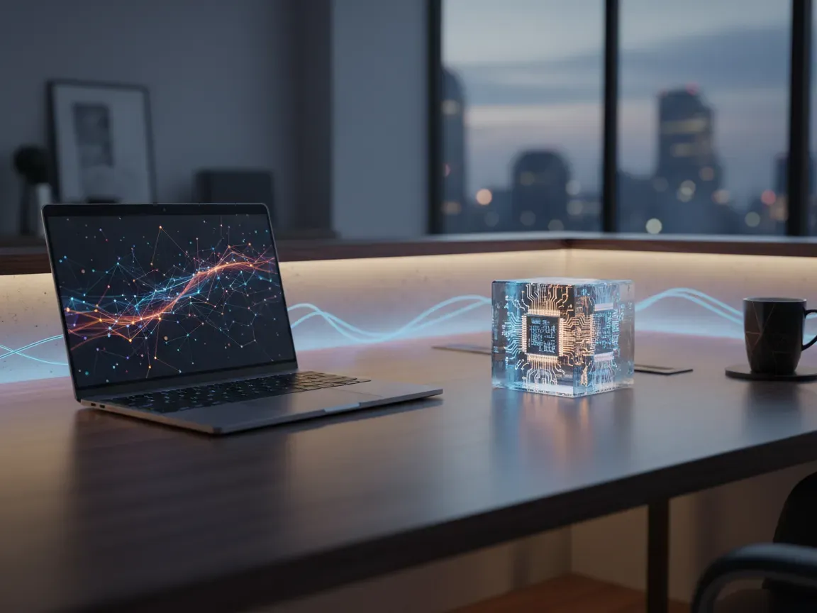 Glowing high-tech processor chip and modern laptop on a dark wooden desk with blue and amber ambient lighting.