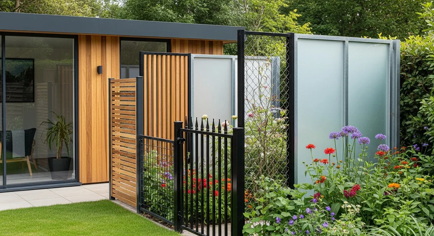 How do fencing materials influence the design and longevity of modern garden buildings?