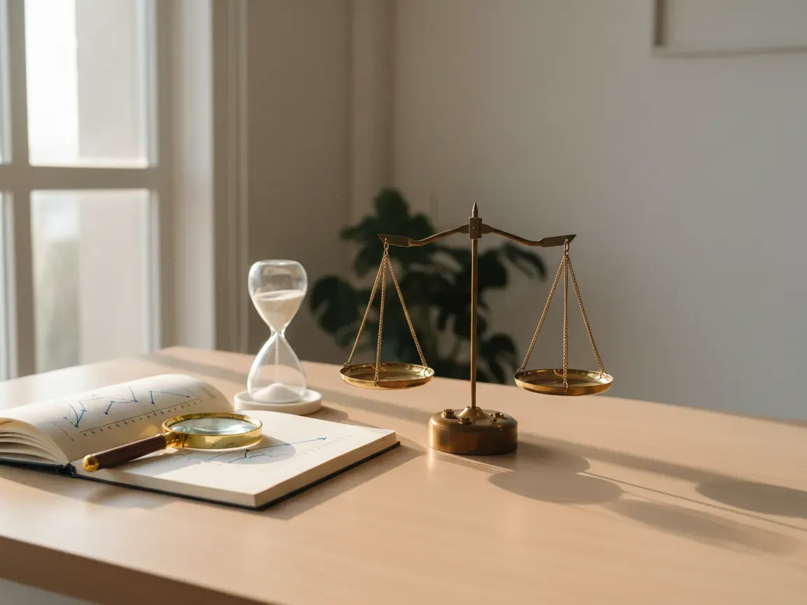Brass balance scale on a wooden desk with a notebook of graphs, hourglass, and magnifying glass in morning light.
